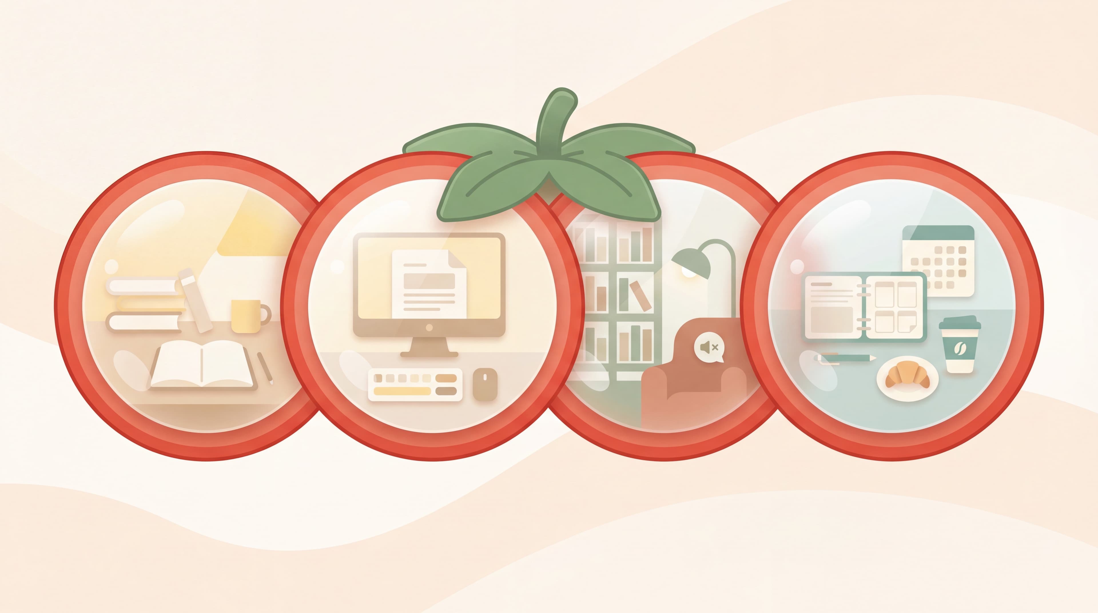 Illustration of the Pomodoro Technique showing focused work, computer tasks, relaxation, and break time inside tomato-shaped timers.