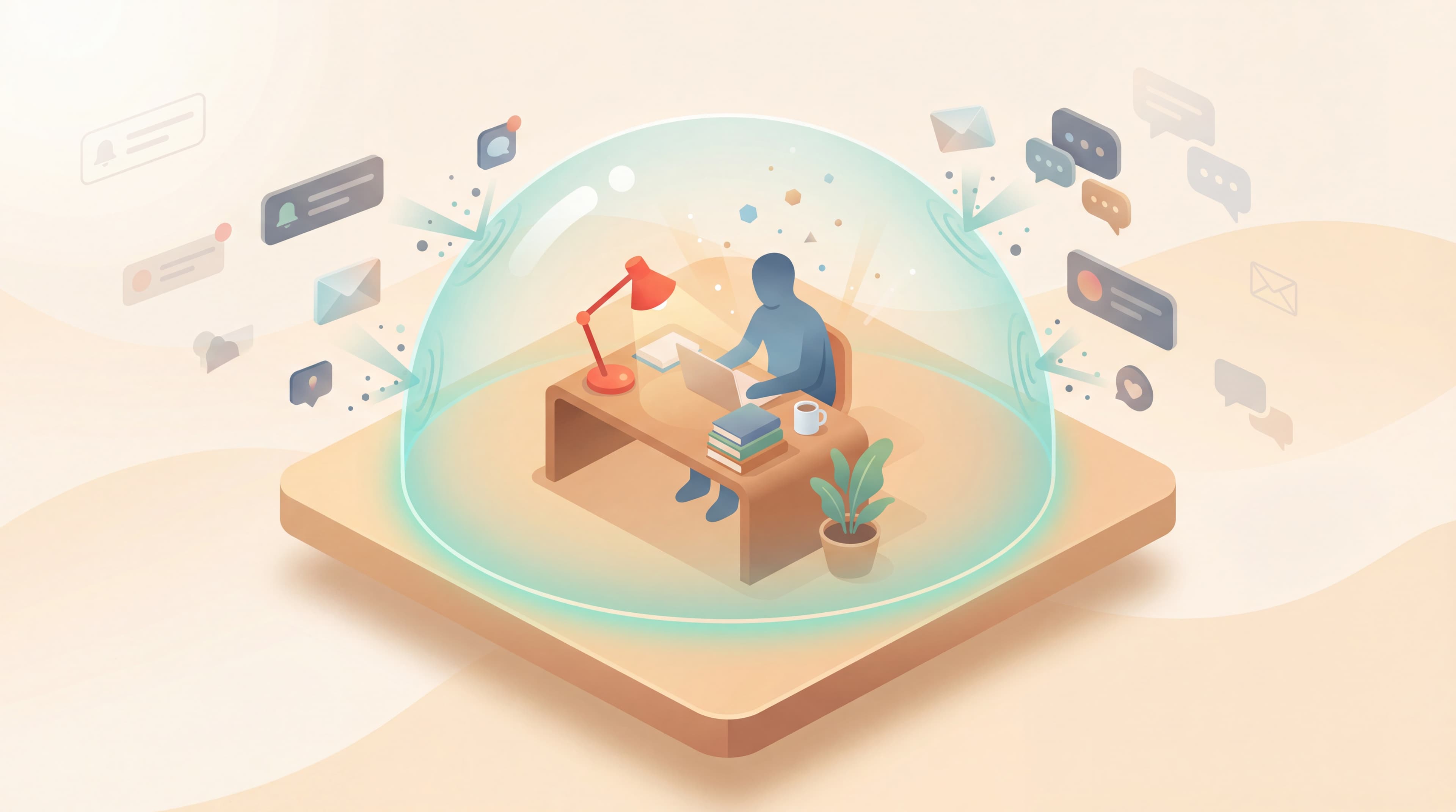 Person studying in protective glass dome while distractions bounce off, representing deep work focus
