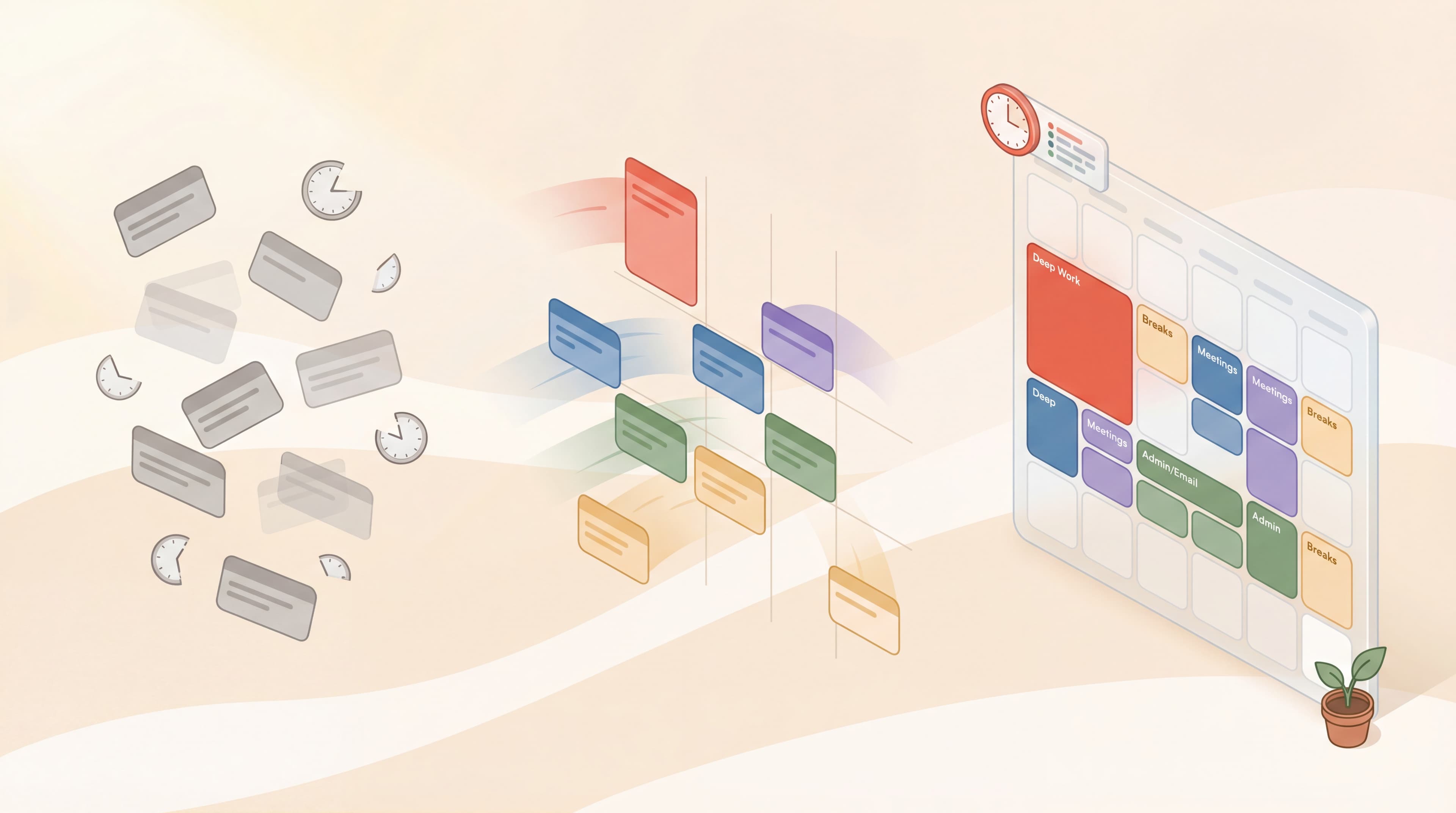 Isometric illustration of scattered grey task cards transforming into organized color-coded calendar blocks, representing time blocking productivity method