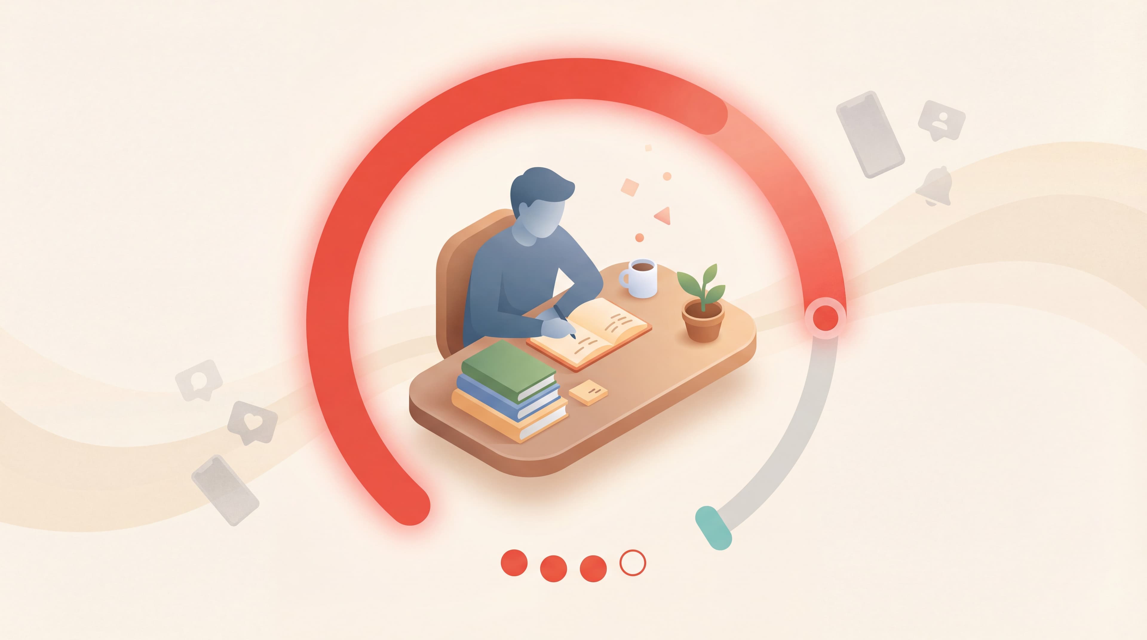 Isometric illustration of a student studying at a desk framed by a circular Pomodoro timer arc, with faded phone distractions drifting outside the focus boundary