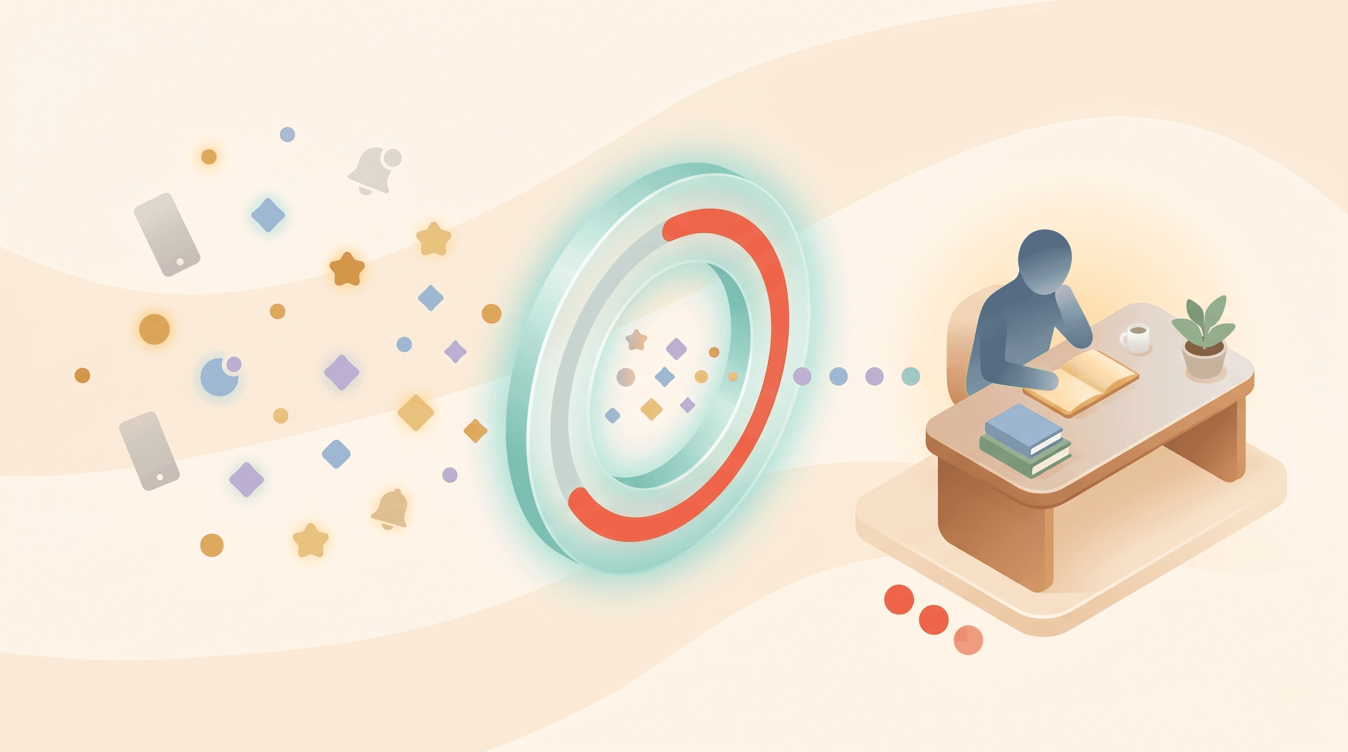 Isometric illustration of colorful thought sparks channeling through a Pomodoro timer ring into a calm focused study workspace, representing ADHD-friendly productivity